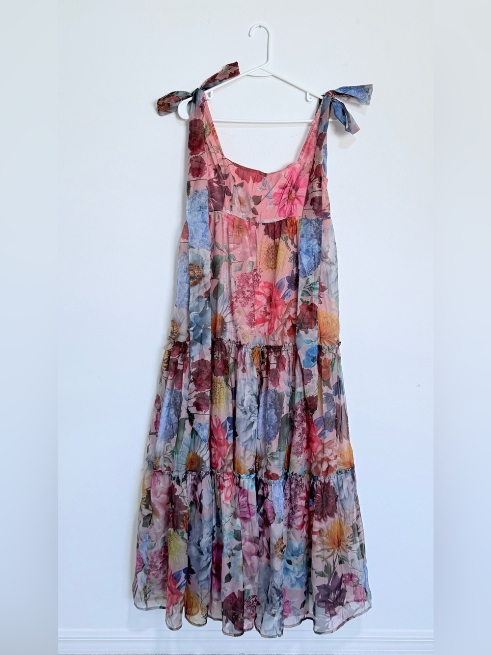Blue Rain Pink Multi Floral Tie-Shoulder Tiered Maxi Dress with Blue Accents